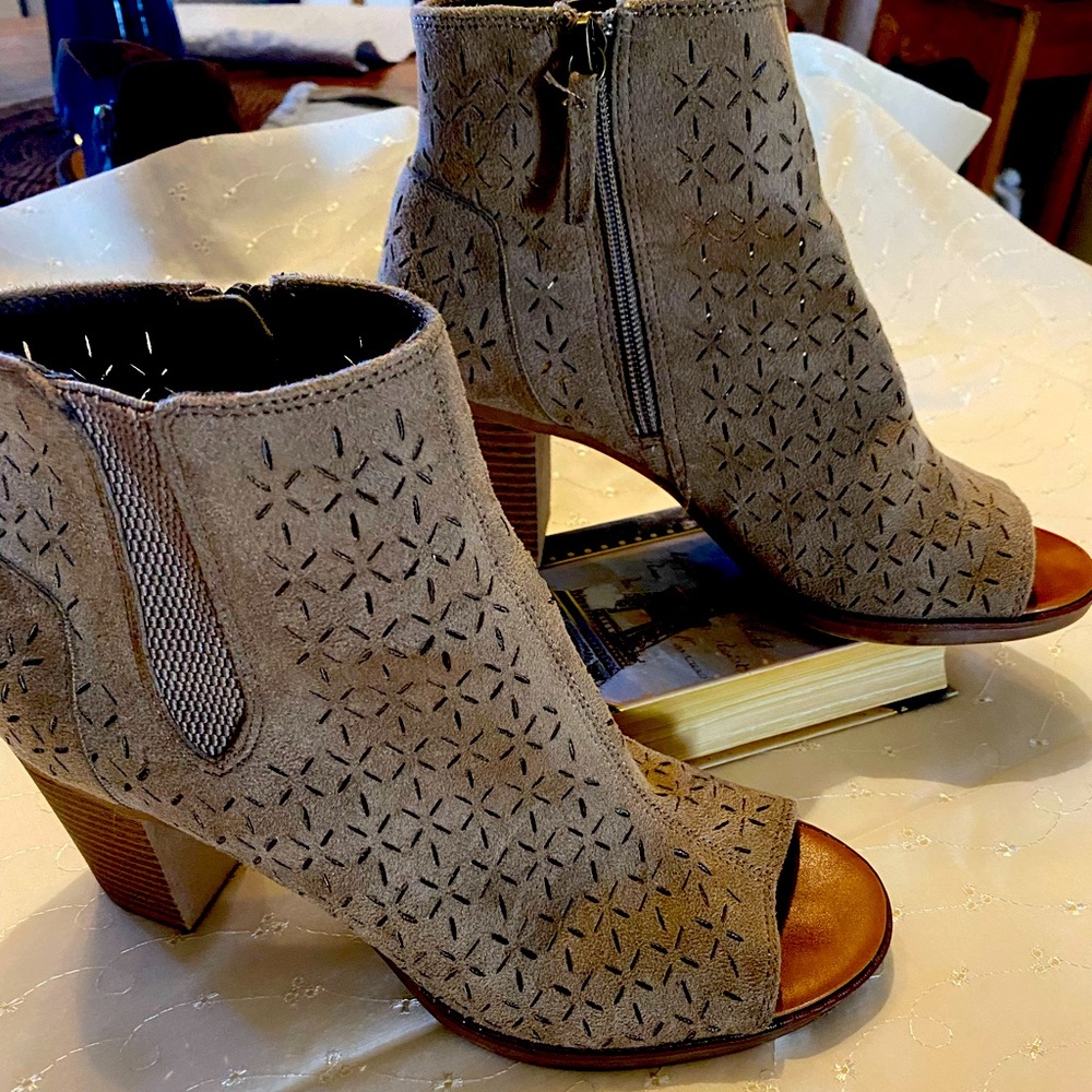 Taupe Suede Ankle Booties Block Heeled Open Toe Boots